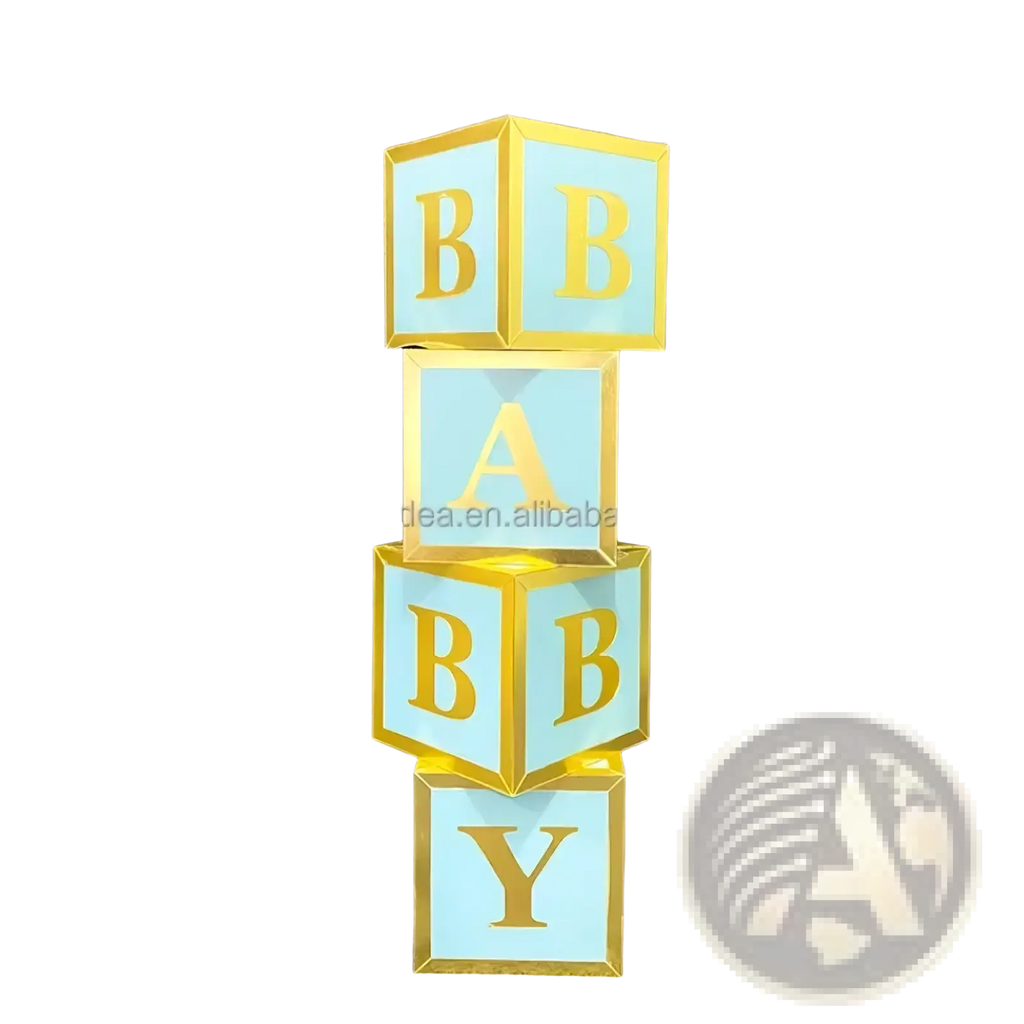 Stacked baby-themed decorative blocks with light blue faces gold lettering and shiny golden edges for pink baby shower balloon box decoration
