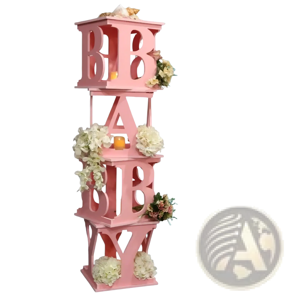 Pink baby shower balloon box party decoration featuring a pink baby letter display stand with white and pink flowers