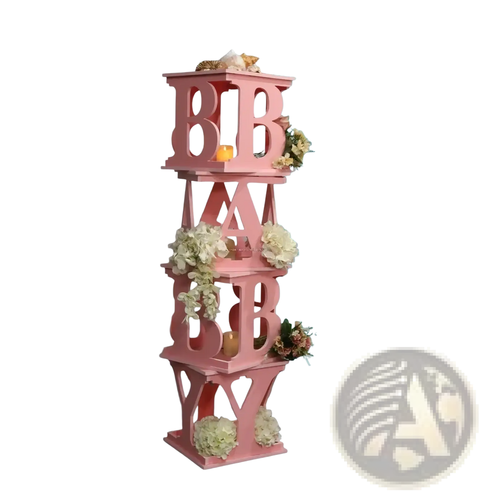 Pink wooden letter display stand spelling baby with floral decorations for baby shower balloon box party decoration