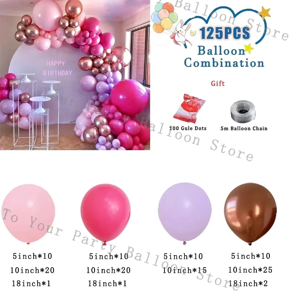A 125-piece pink rose gold and lavender latex balloon arch kit for wedding and birthday party decorations