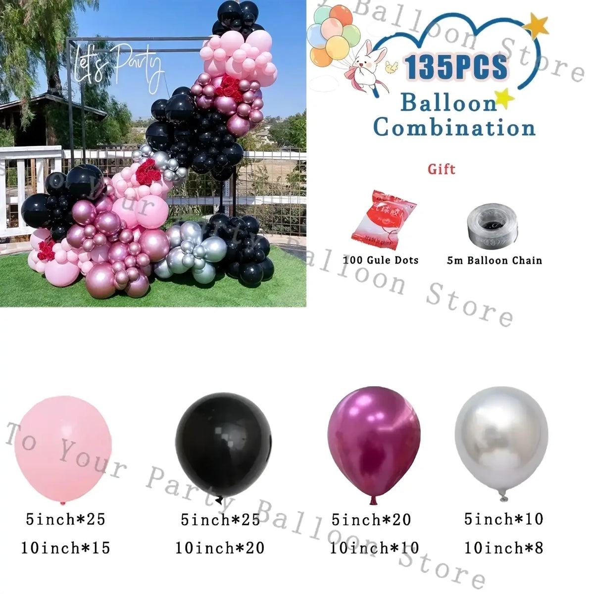 Pink balloon arch kit with 135 black pink metallic silver balloons and red floral accents for weddings and birthdays
