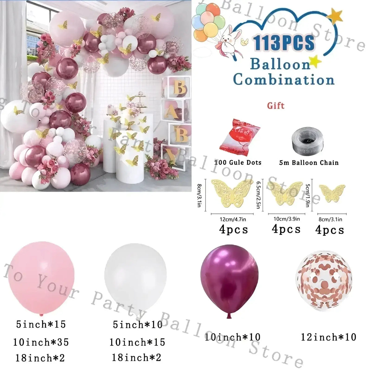 Pink balloon arch kit with 133 pink white and metallic rose gold glittery balloons for wedding and birthday parties