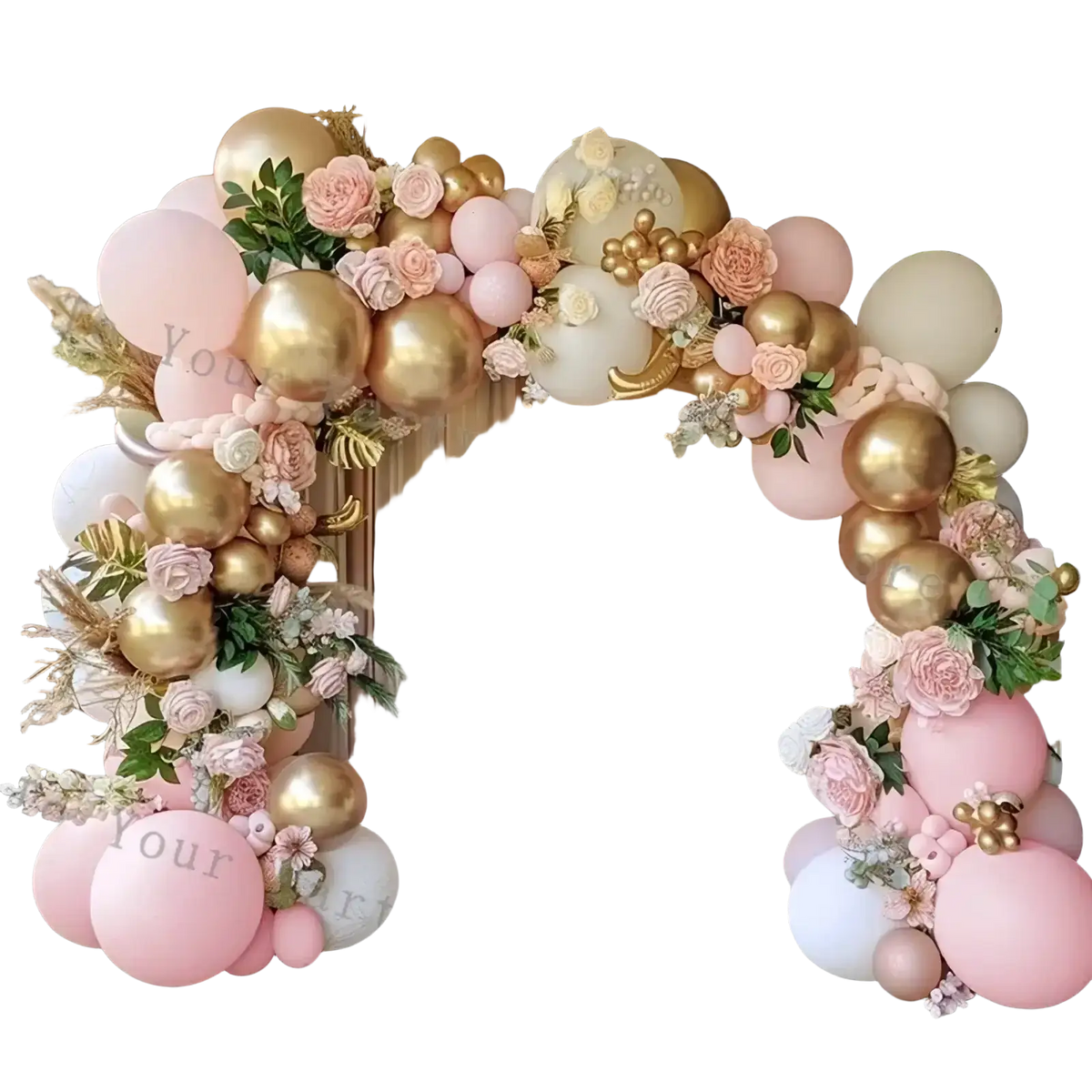 Pink balloon arch kit featuring decorative pink gold and white balloons with floral arrangements for weddings and parties