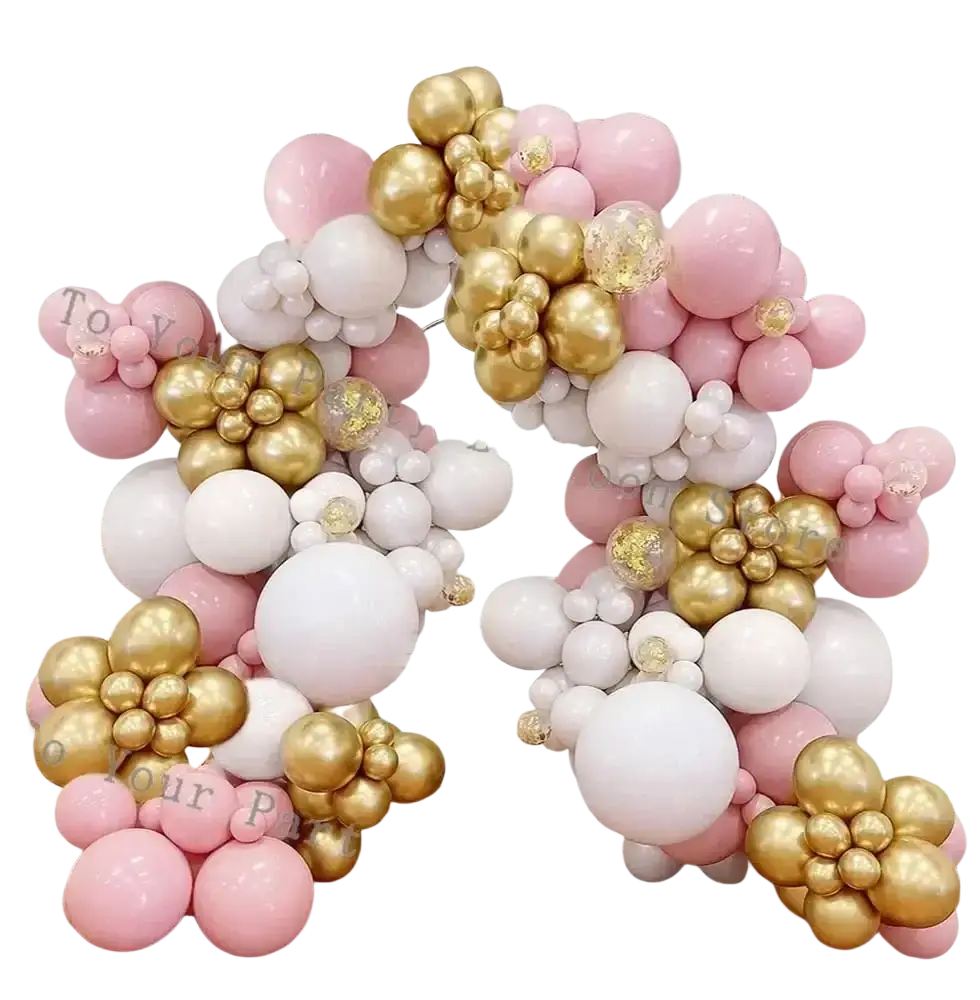Decorative pink white and gold balloon arch kit with glitter balloons for wedding and birthday parties