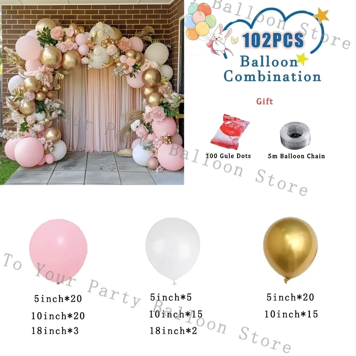 Pink balloon arch kit featuring decorative pink gold and white latex balloons with floral accents for weddings and birthdays