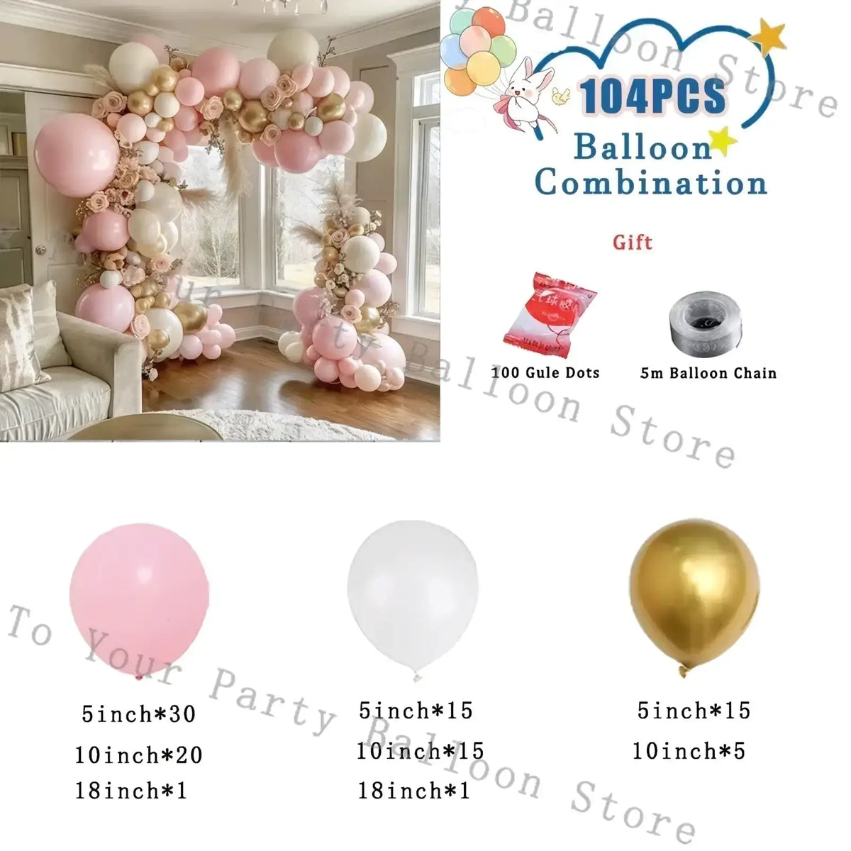 Pink balloon arch kit featuring pink white and gold latex balloons in a layered design for weddings and parties
