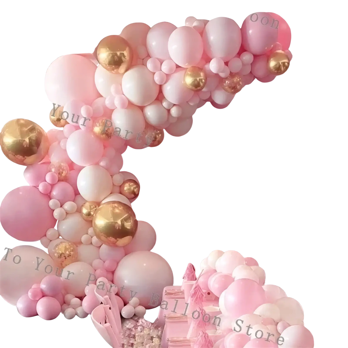 Pink balloon arch kit featuring decorative pink white and gold latex balloons for wedding and birthday parties