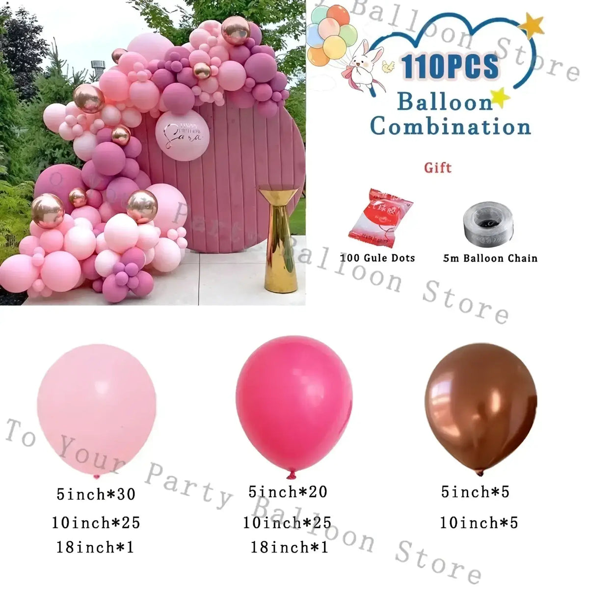 Pink balloon arch kit with mauve and rose gold latex balloons in a cascading design for weddings and birthday parties