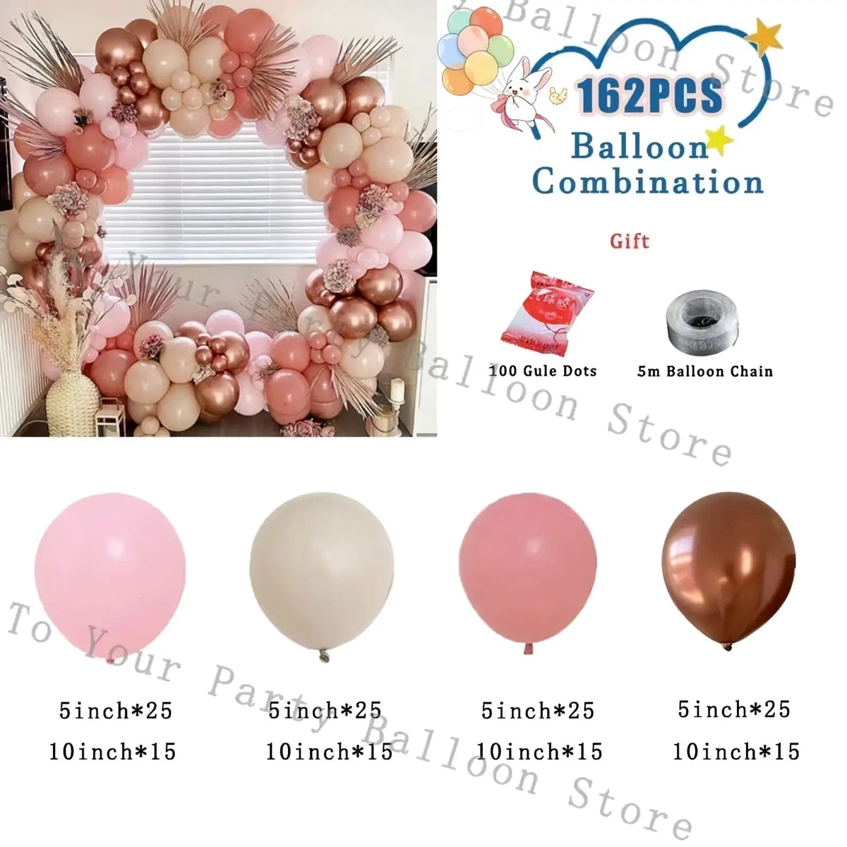 Pink balloon arch kit featuring a decorative circular design with rose gold blush pink and cream latex balloons for events