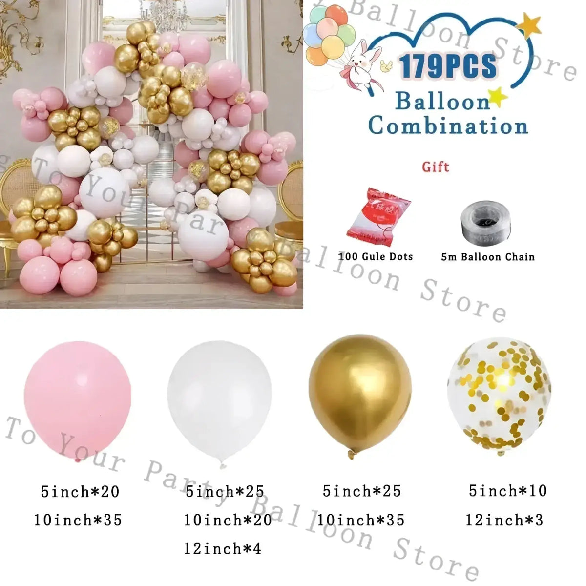 Decorative pink white and gold latex balloon arch kit for wedding and birthday parties with clustered design