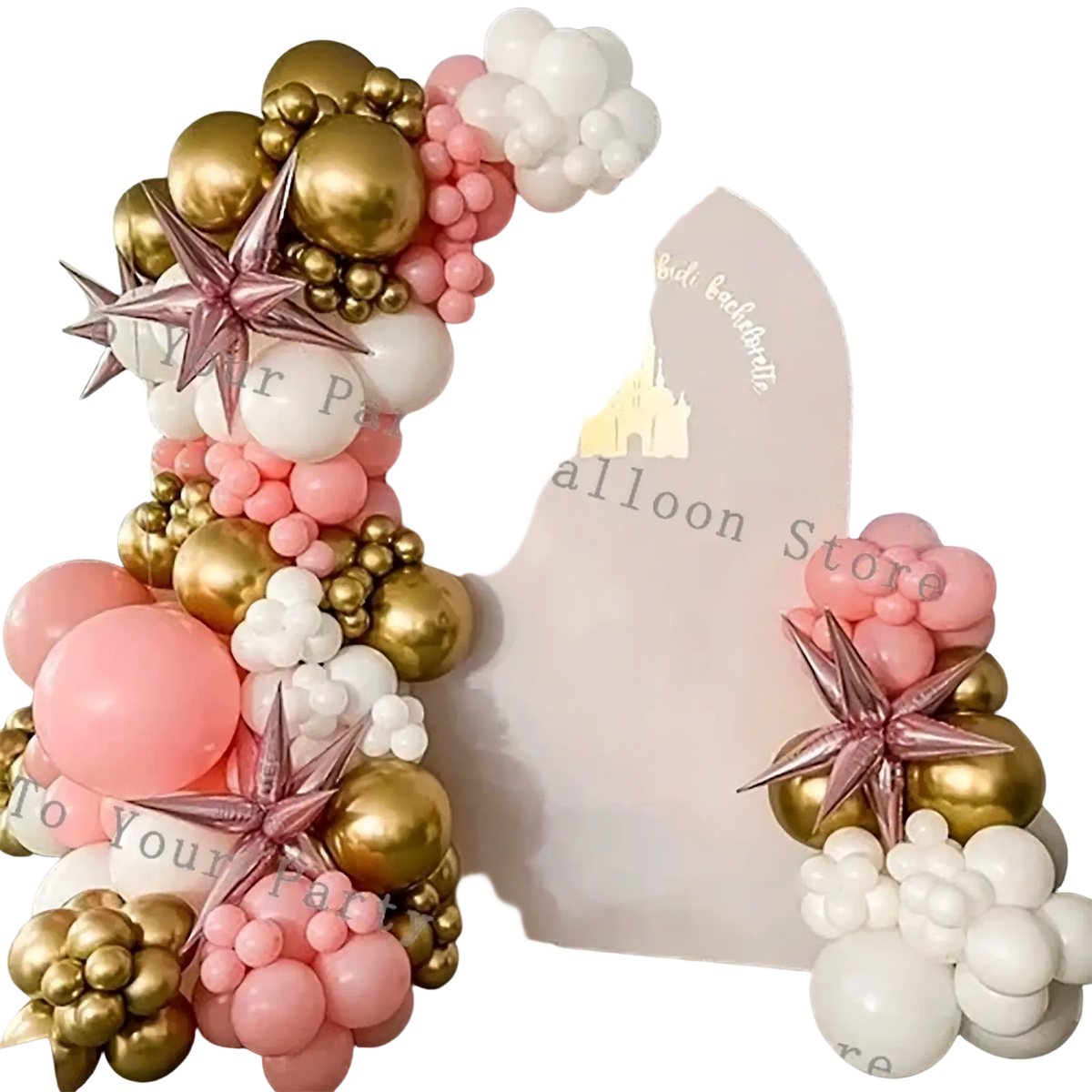 Decorative pink balloon arch kit with clusters of pink gold and white balloons and metallic rose gold star accents for parties