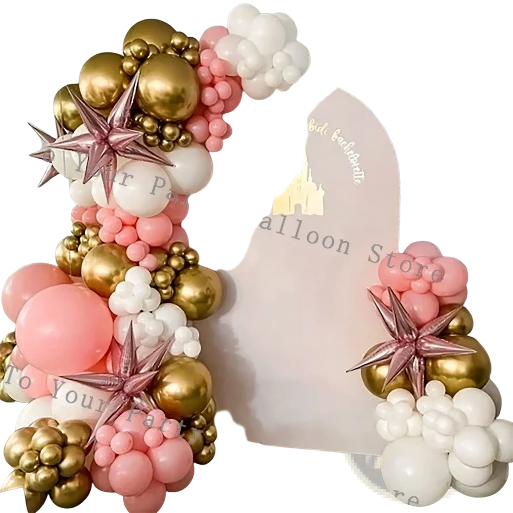 Decorative pink balloon arch kit with clusters of pink gold and white balloons and metallic rose gold star accents for parties