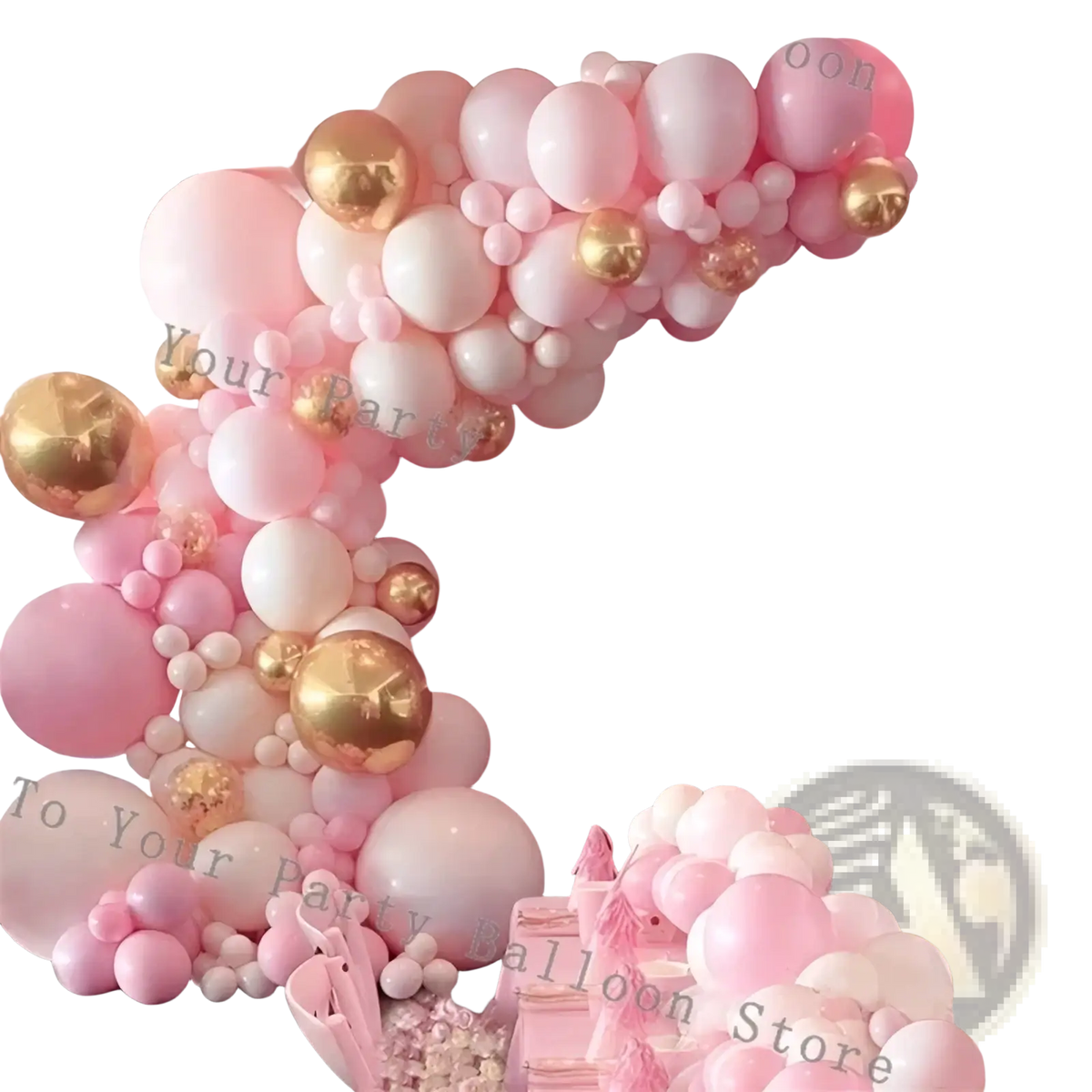 Pink balloon arch kit featuring decorative pink white and gold latex balloons for wedding and birthday parties