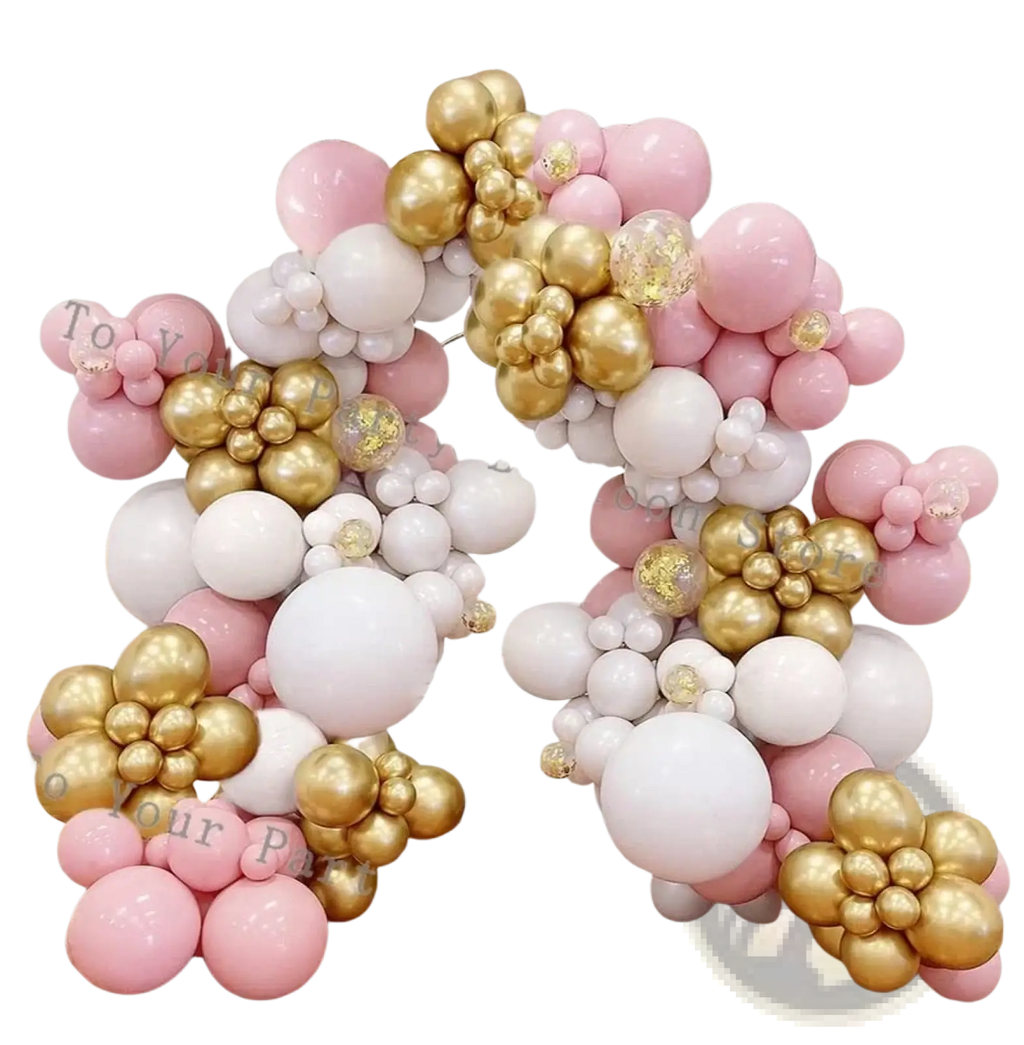 Pink balloon arch kit featuring decorative latex balloons in pink gold and white with glitter accents for weddings and birthdays