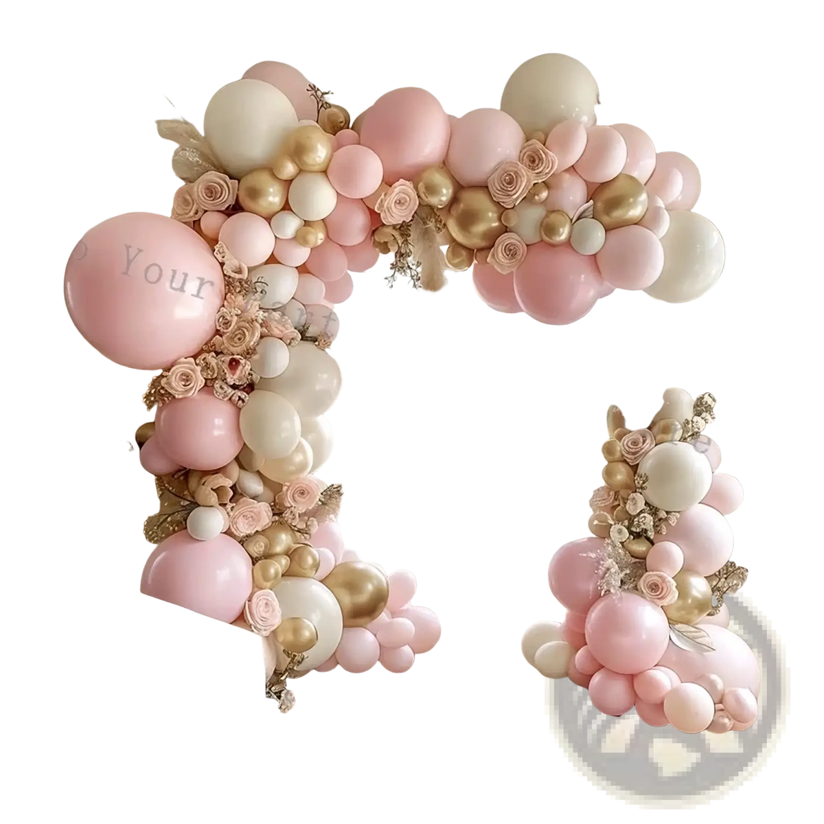 A decorative pink balloon arch kit with blush pink gold white latex balloons dried roses and feathery accents for parties