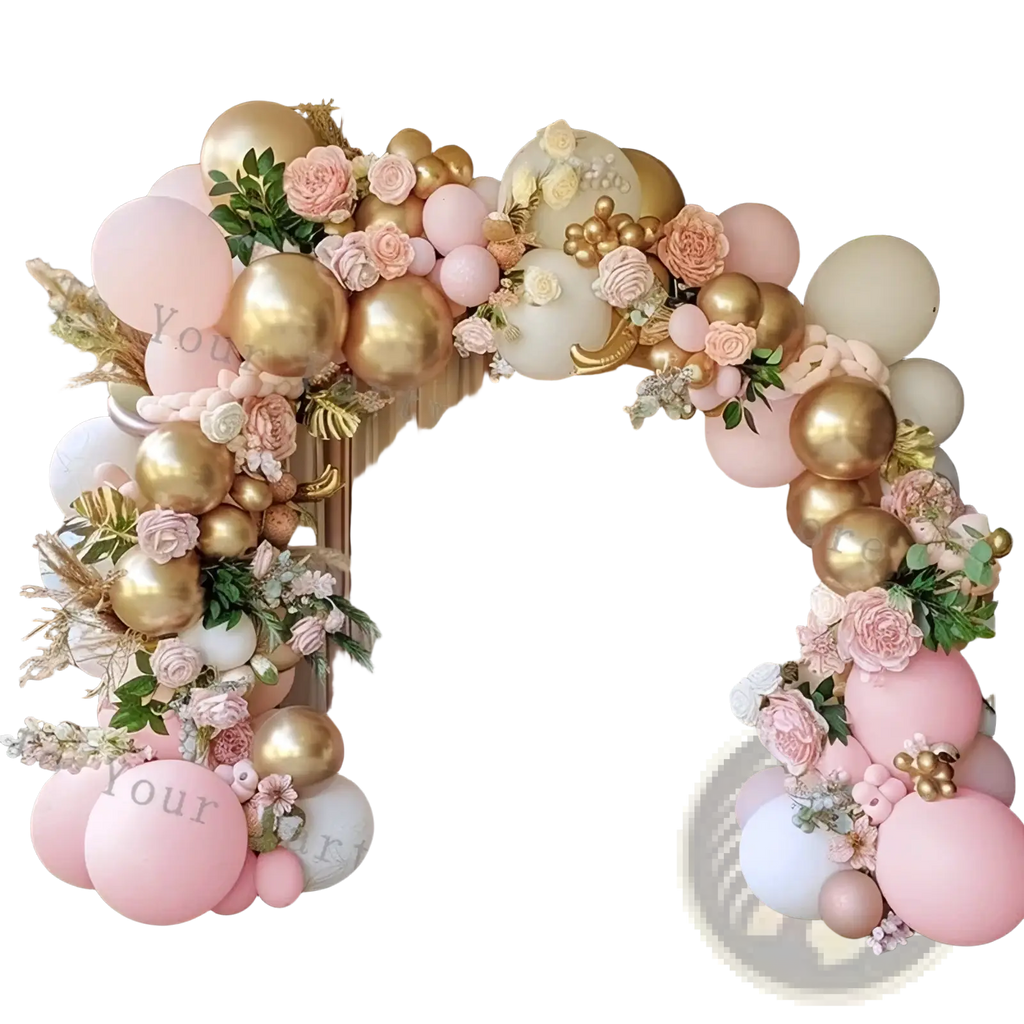Pink balloon arch kit featuring metallic gold soft pink and white balloons with floral arrangements for weddings and birthdays