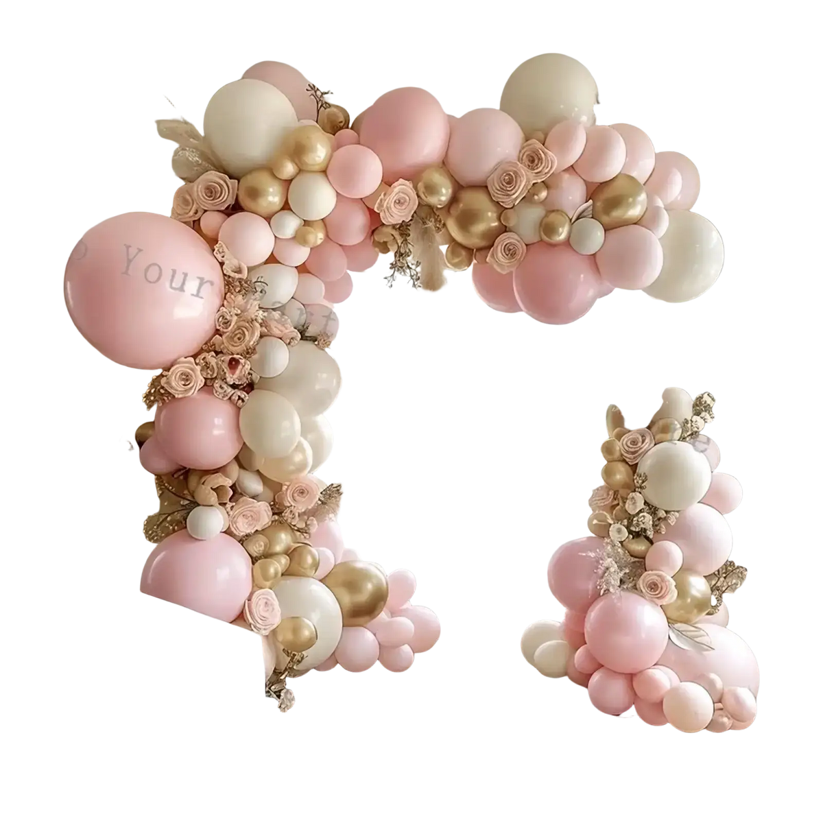 Delicate pink balloon arch kit with creamy white and gold balloons intertwined with dried roses for weddings and parties