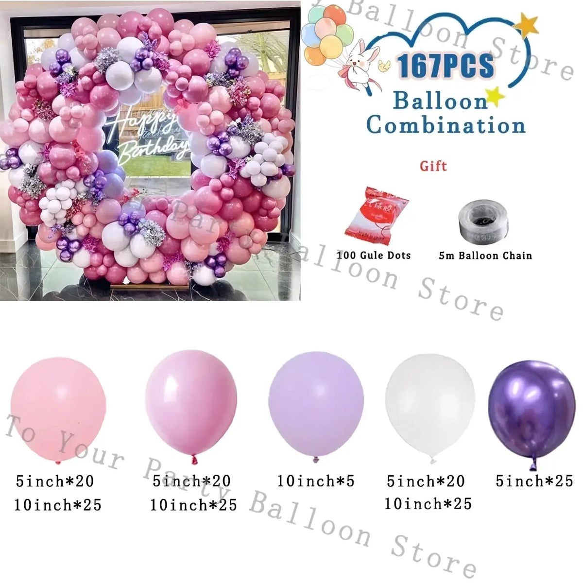 Pink balloon arch kit featuring a festive circular wreath design with pink purple and white latex balloons for events