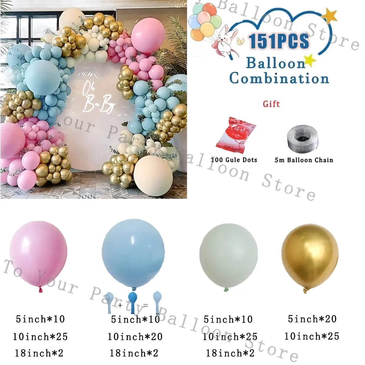 A festive pink balloon arch kit with pastel pink light blue and metallic gold latex balloons for weddings and birthdays