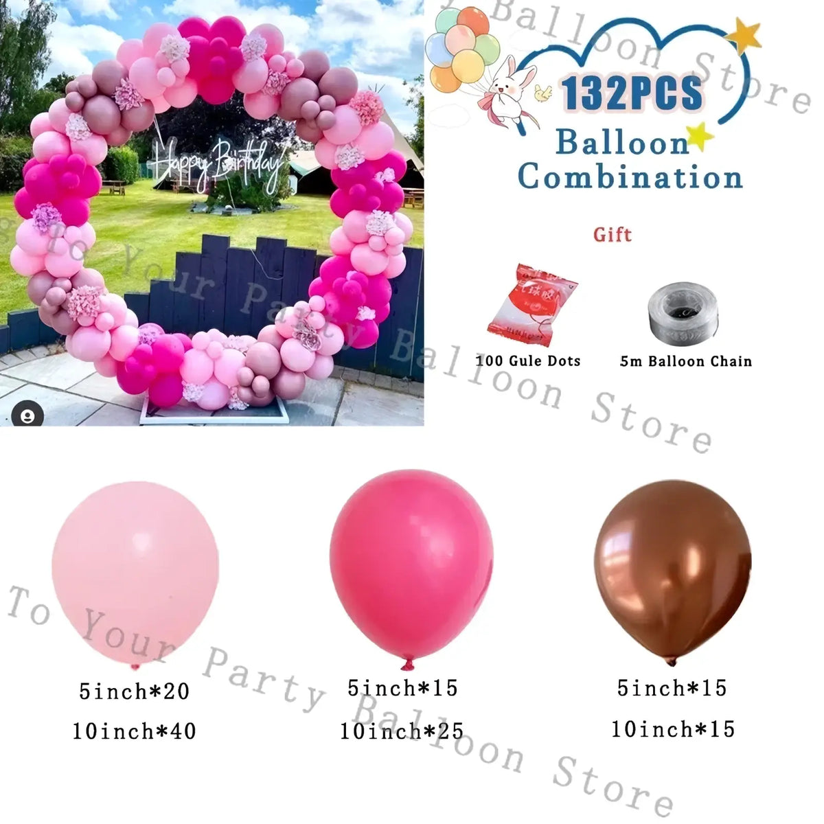Pink balloon arch kit featuring a festive glossy pink and rose gold assorted size balloons for weddings and birthdays