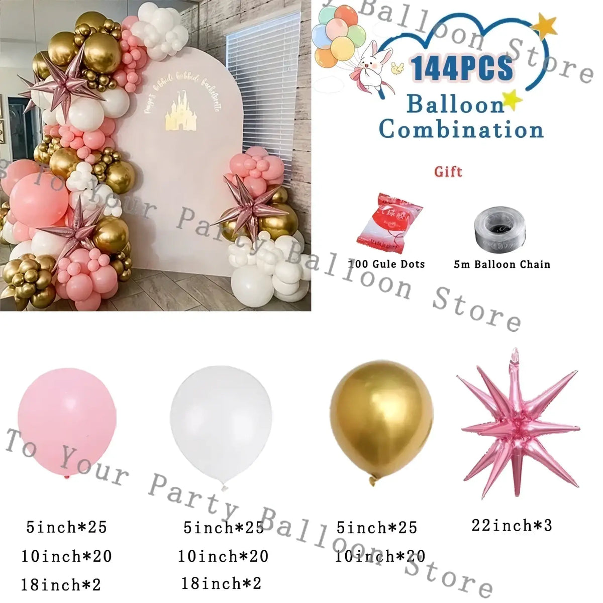 Pink balloon arch kit featuring pink gold and white balloons with star-shaped decorations for weddings and birthdays