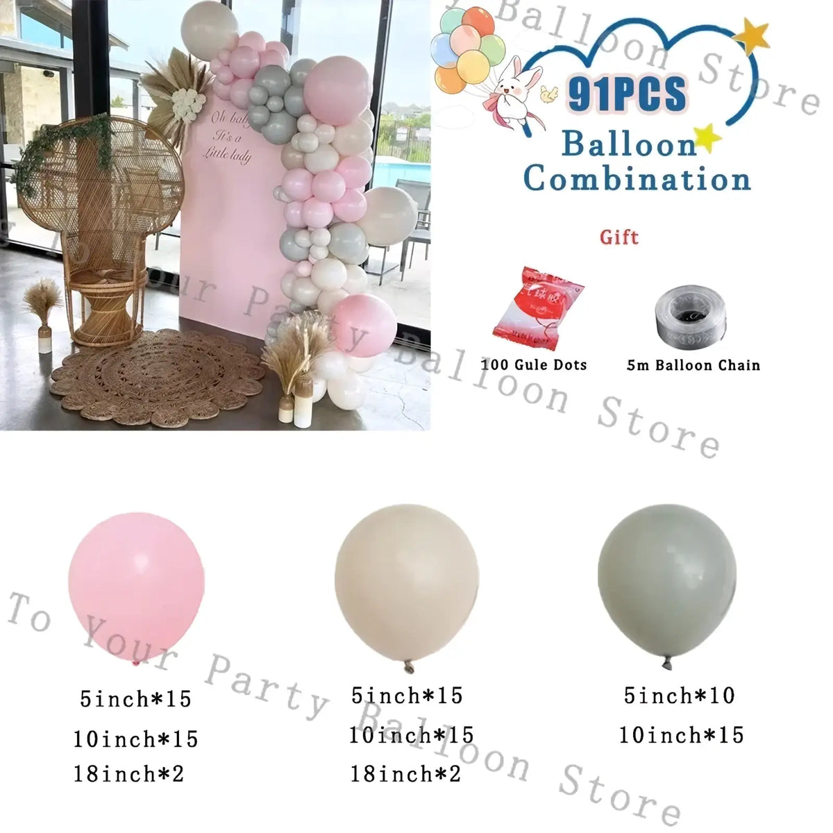 Pink balloon arch kit featuring pastel pink beige and sage green latex balloons for wedding and birthday parties