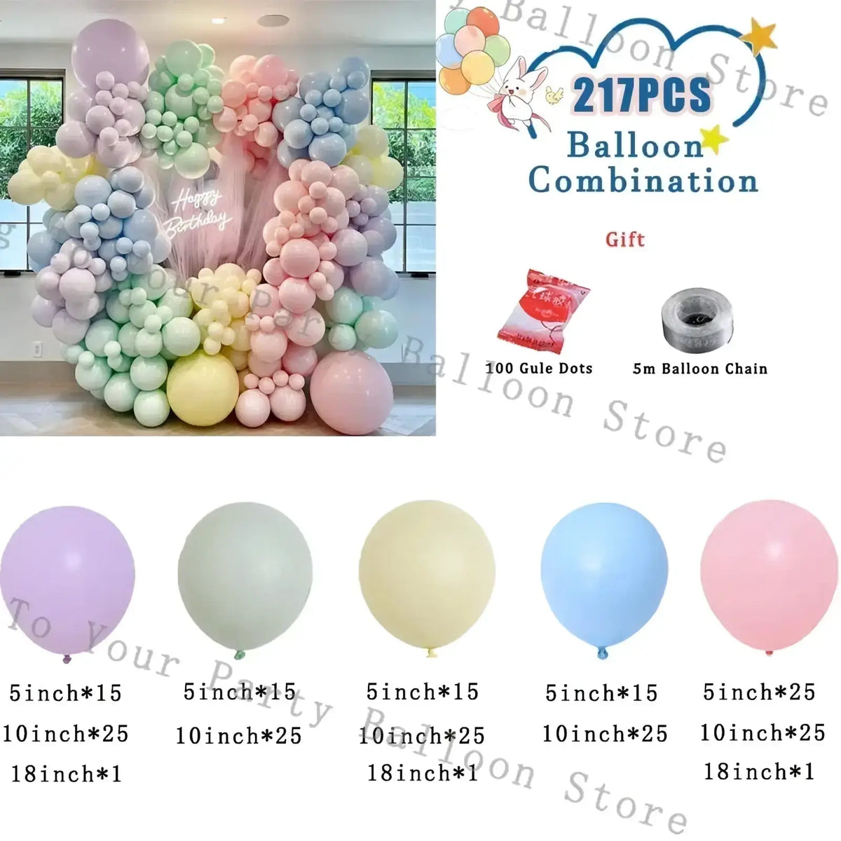 Pink balloon arch kit featuring pastel-colored latex balloons in lavender mint green pale yellow light blue and pink for parties
