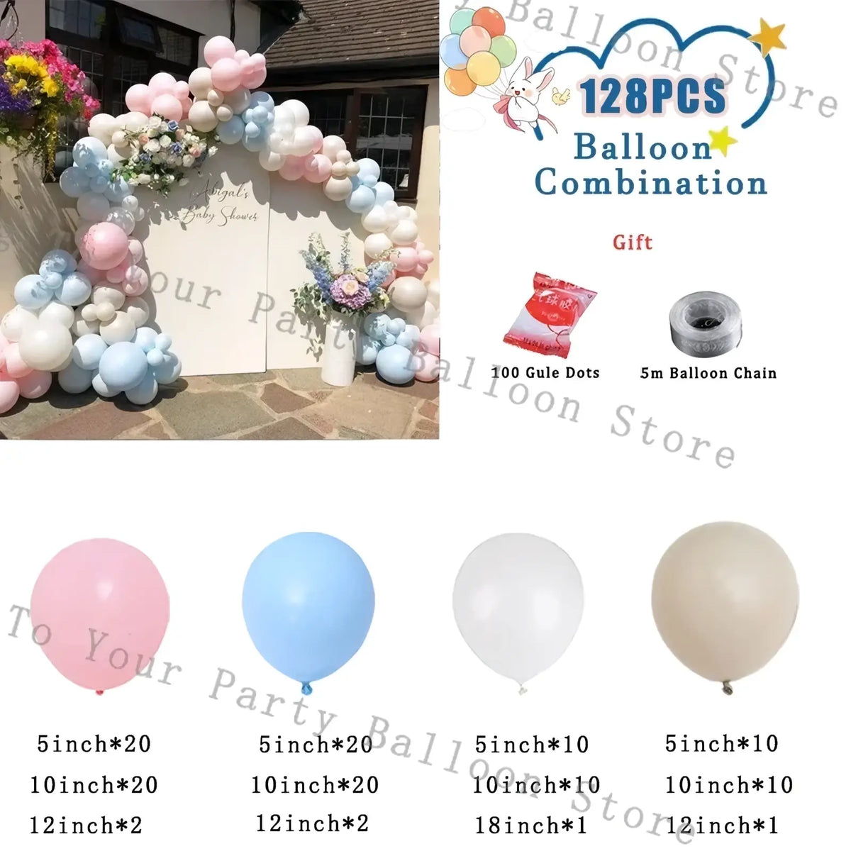 Pastel pink light blue white and beige latex balloon arch kit for wedding and birthday party decorations