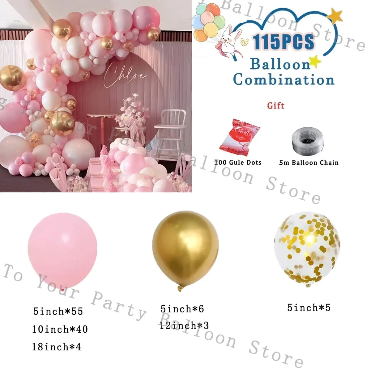 Pink balloon arch kit featuring pink gold and white latex balloons in assorted sizes for wedding and birthday parties
