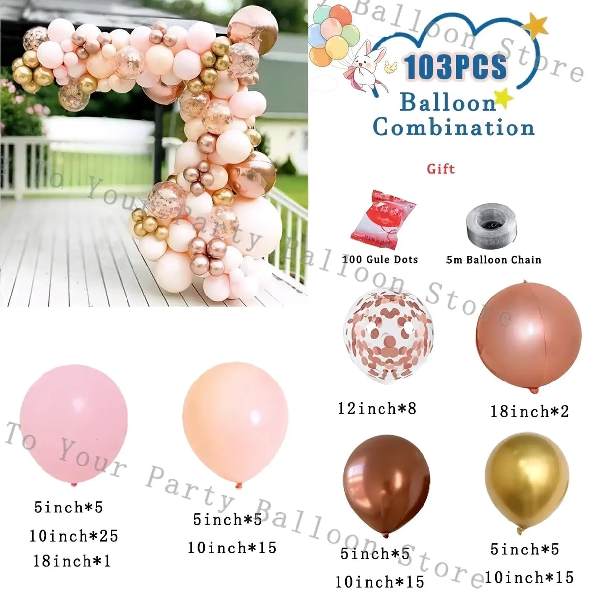 Pink balloon arch kit featuring rose gold and blush pink assorted size balloons for wedding and birthday parties