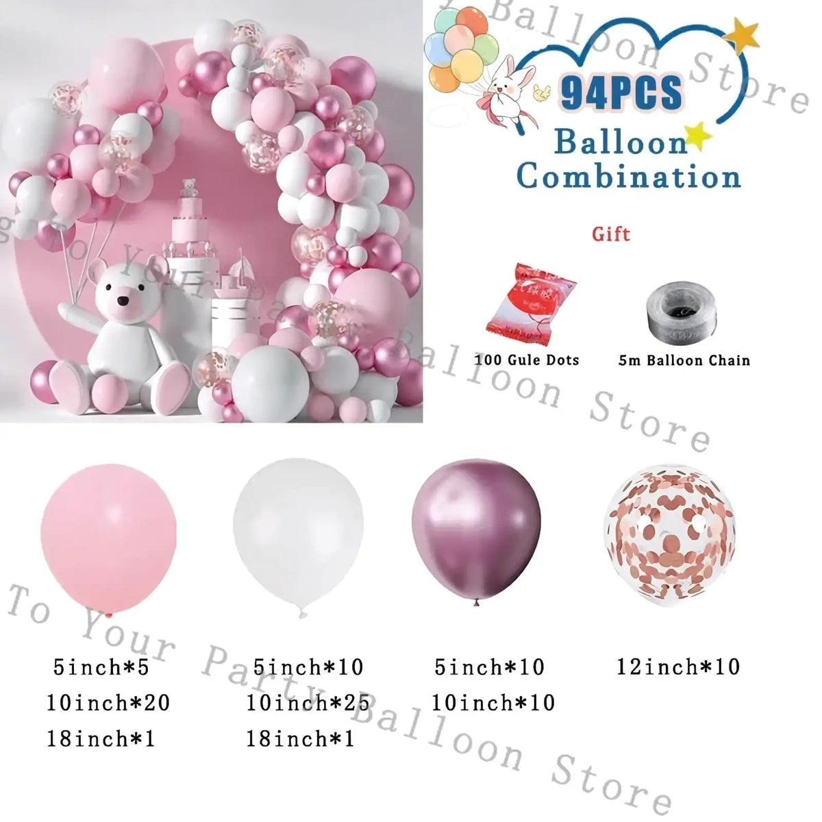 A charming pink and white balloon arch kit featuring assorted sizes metallic finishes and confetti balloons for weddings and birthdays