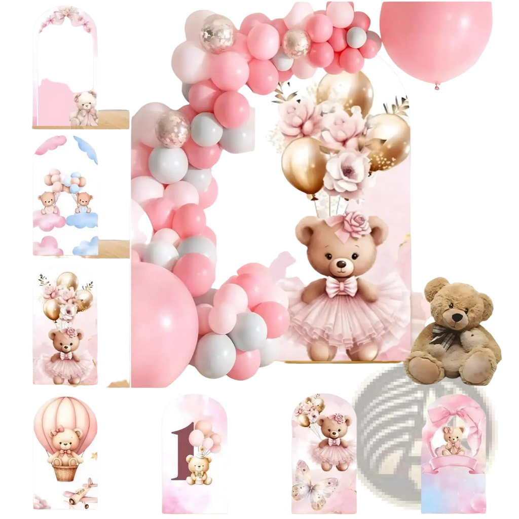 Pink Bear Chiara arch backdrop featuring a pink and gold balloon arch with a central teddy bear in a tutu for baby shower