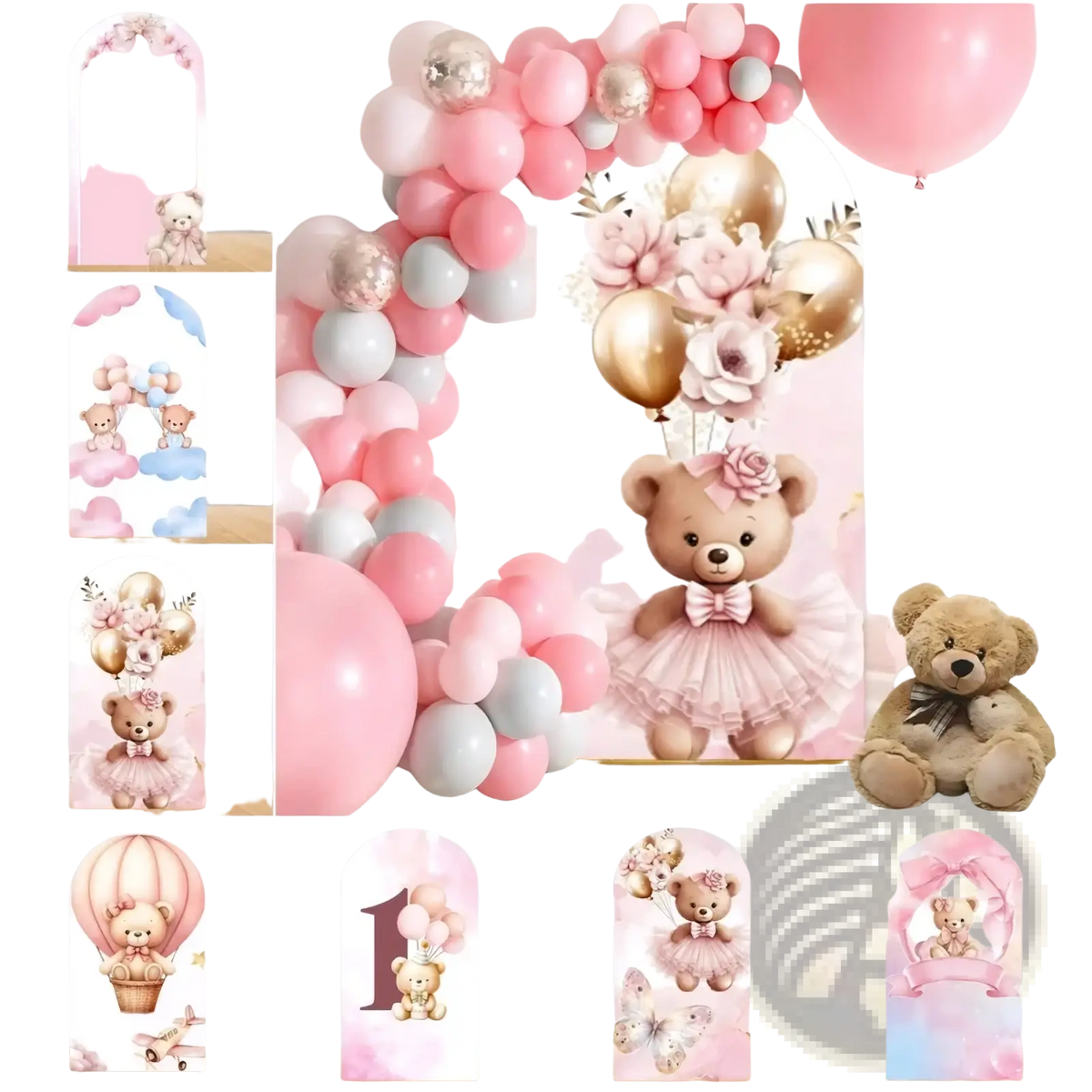 Pink Bear Chiara arch backdrop featuring a pink and gold balloon arch with a central teddy bear in a tutu for baby shower