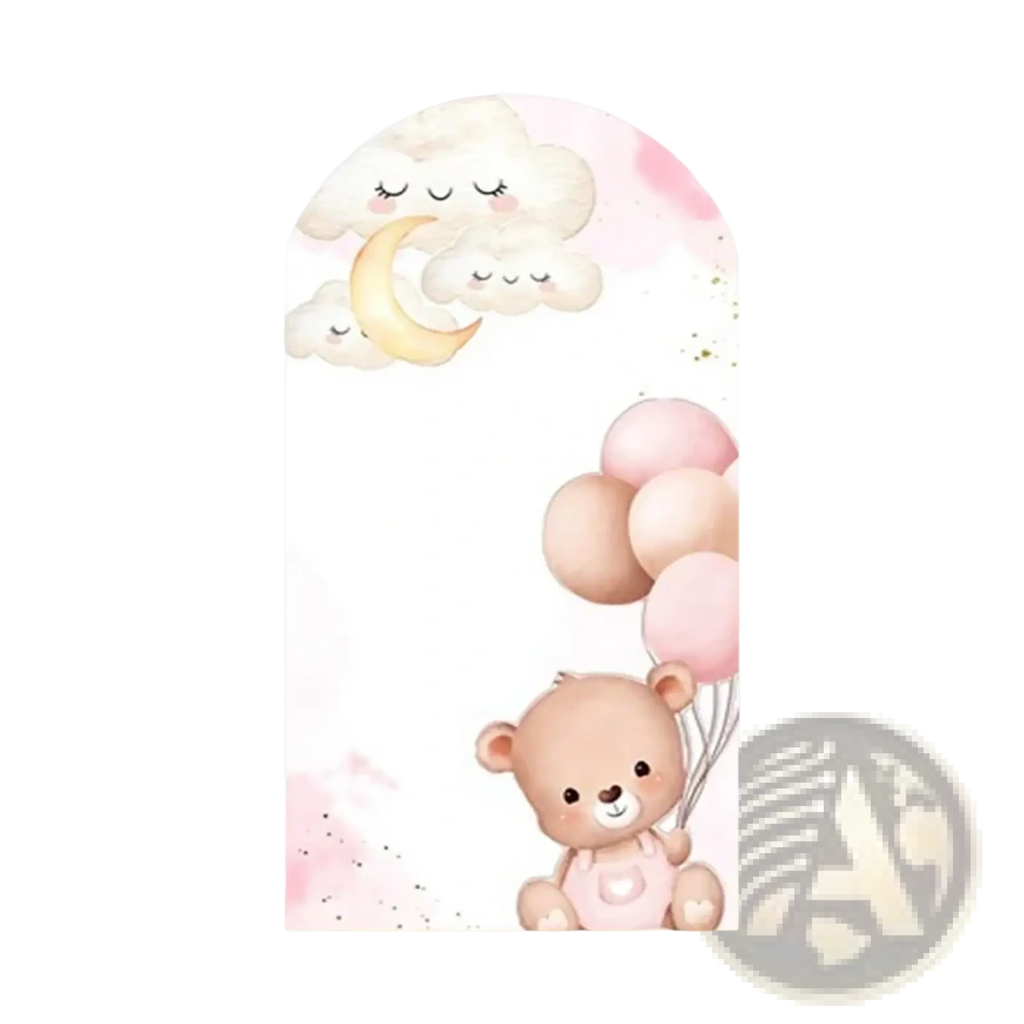 Pink bear chiara arch backdrop featuring a soft pink and cream watercolor teddy bear holding balloons for baby shower decor
