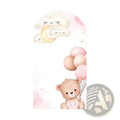 Pink bear chiara arch backdrop featuring a soft pink and cream watercolor teddy bear holding balloons for baby shower decor