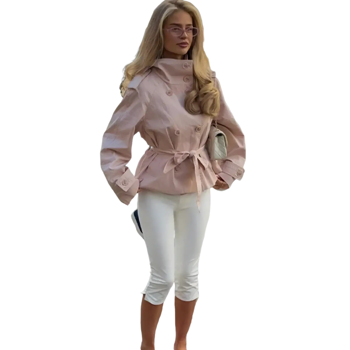 Pink belted trench coat for women with button details and stand collar perfect for stylish outerwear