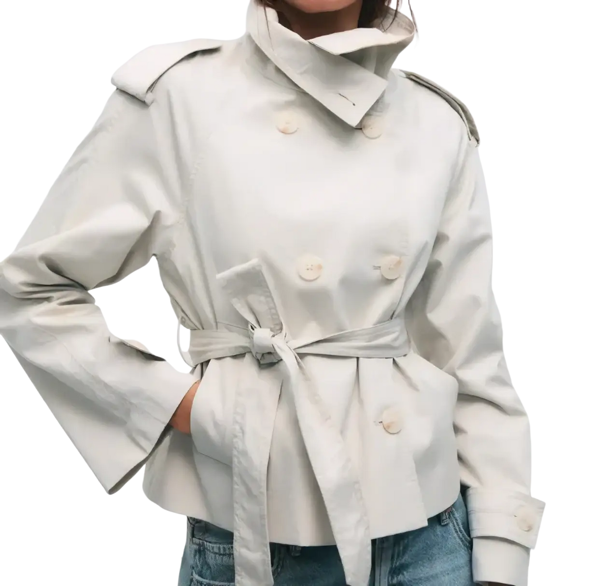 Beige double-breasted trench coat with matching belt and shoulder epaulets for women with stand collar
