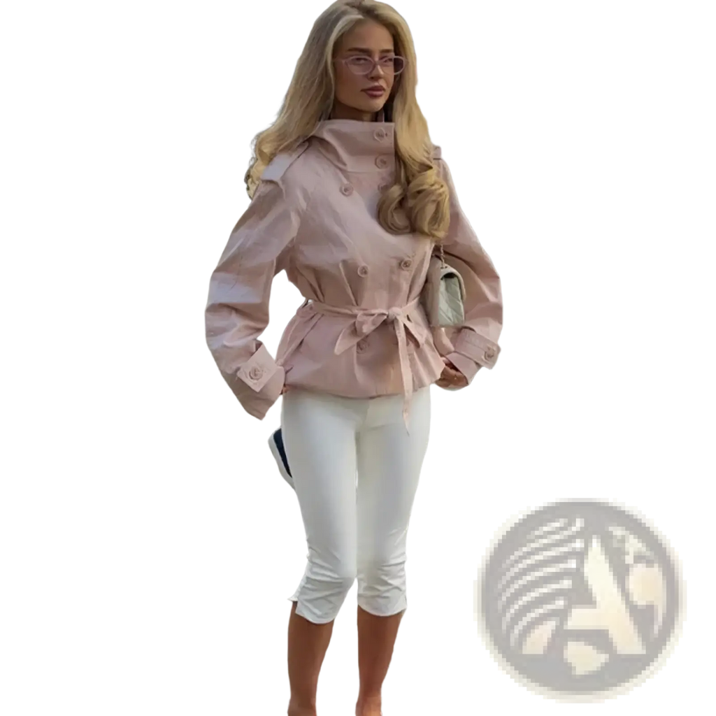 Pink belted trench coat for women with button details and stand collar perfect for stylish outerwear
