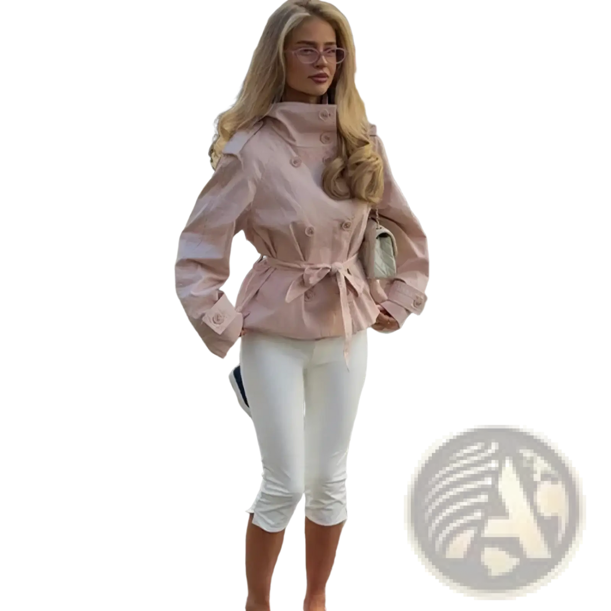 Pink belted trench coat for women with button details and stand collar perfect for stylish outerwear