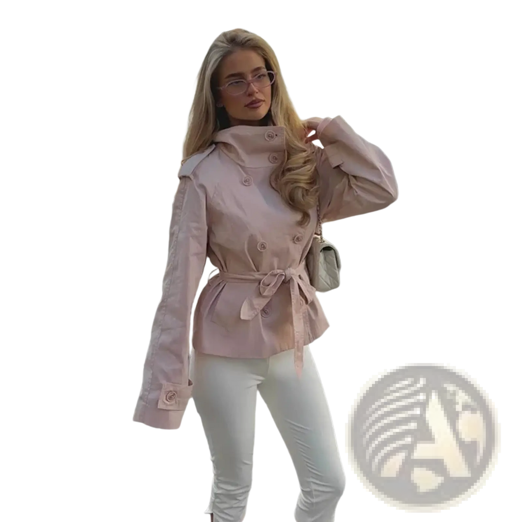 A soft pink belted trench coat for women with buttoned cuffs and stand collar jacket design