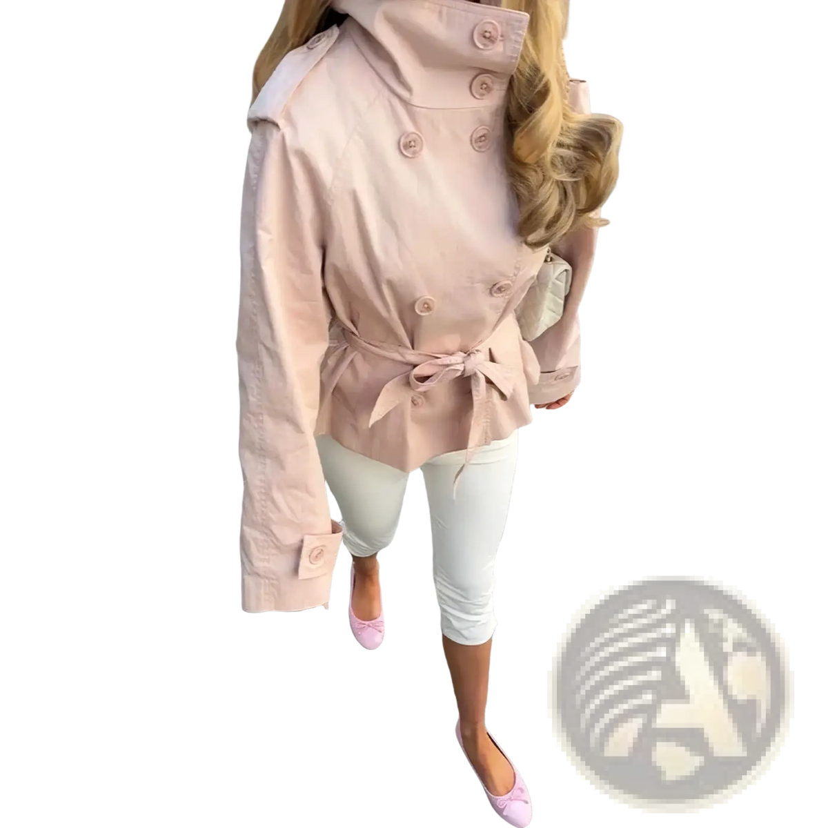 A soft pink belted trench coat for women with a stand collar and double-breasted button closure
