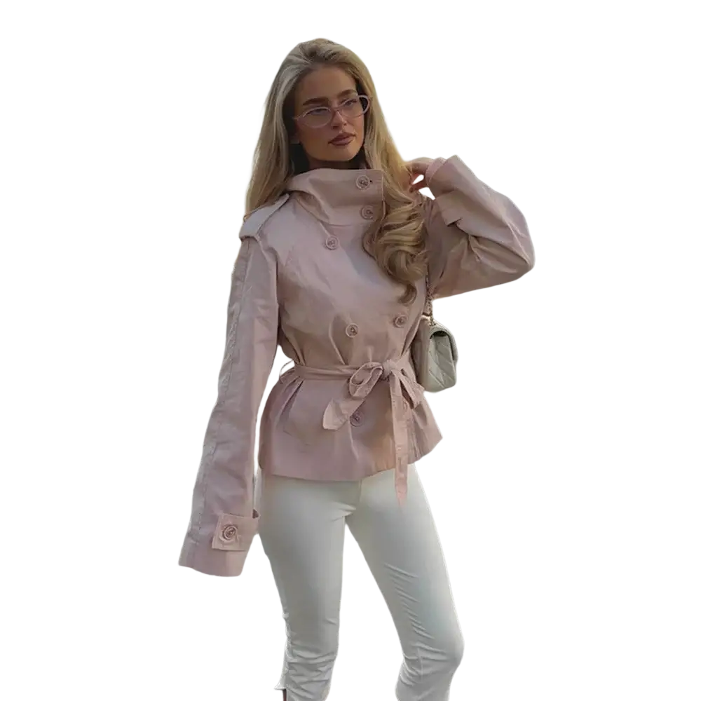 A soft pink belted trench coat for women with buttoned cuffs and stand collar jacket design