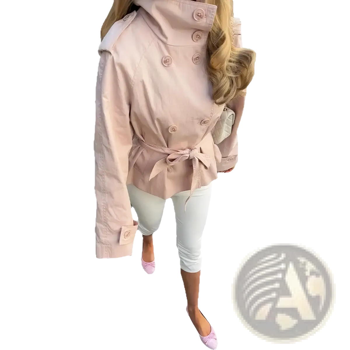 A soft pink double-breasted belted trench coat with buttoned cuffs for women with stand collar design