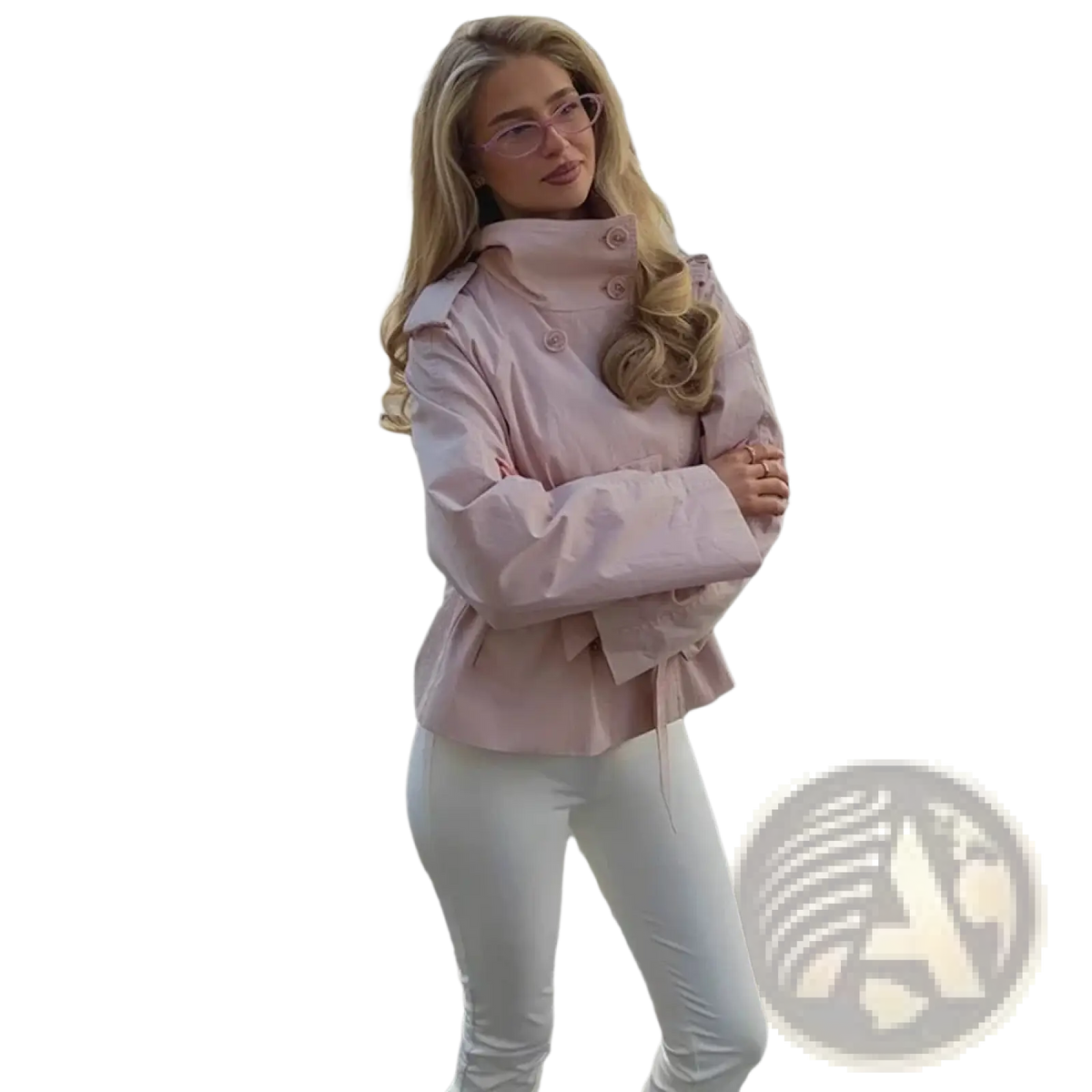 A soft pink belted trench coat for women with a stand collar, structured design, and buttoned cuffs