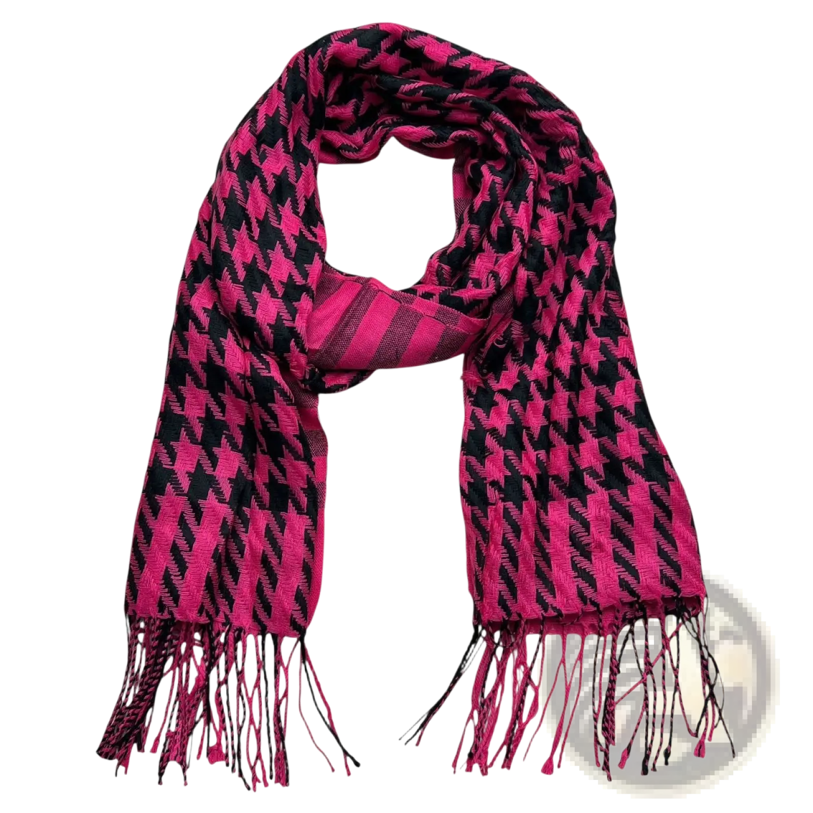 A vibrant pink and black houndstooth jacquard winter scarf with fringed ends for cold weather use