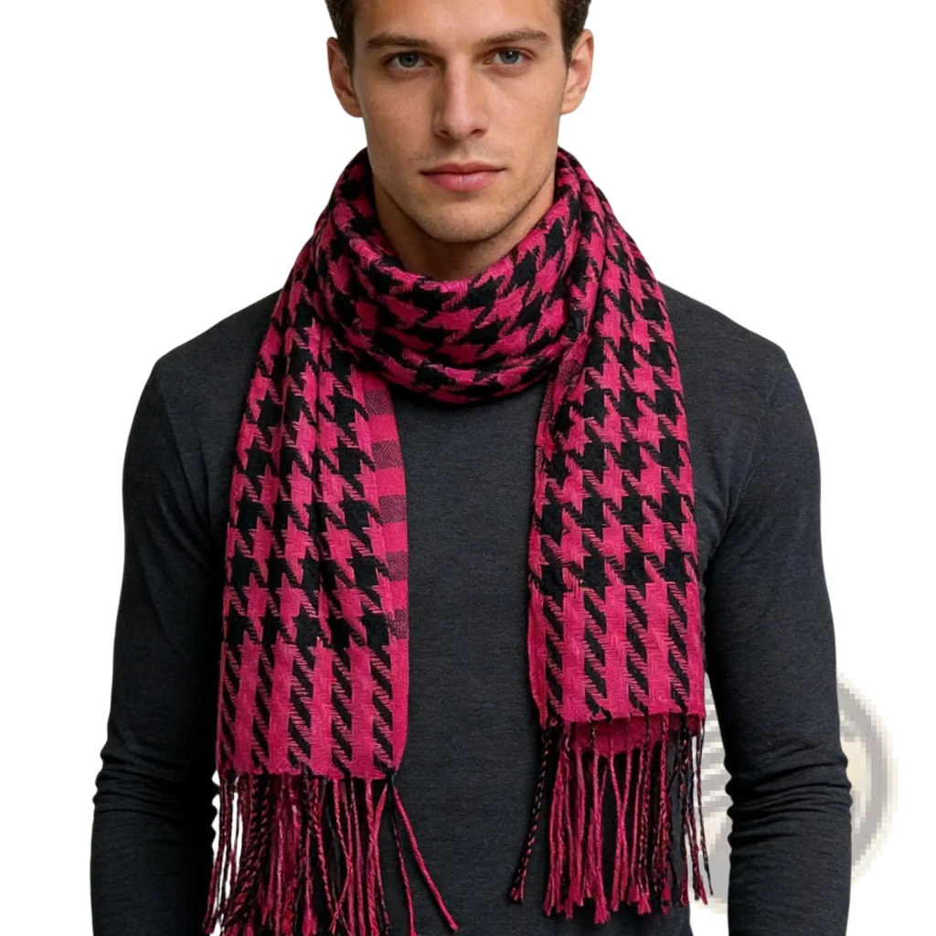 A vibrant pink and black houndstooth jacquard winter scarf with fringed ends perfect for cold weather