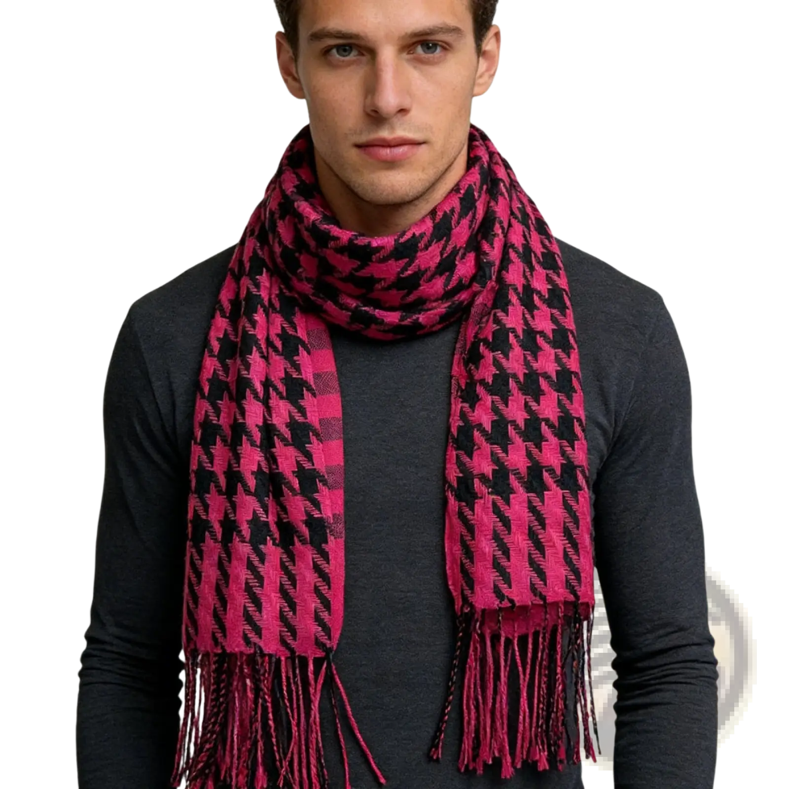 A vibrant pink and black houndstooth jacquard winter scarf with fringed ends perfect for cold weather