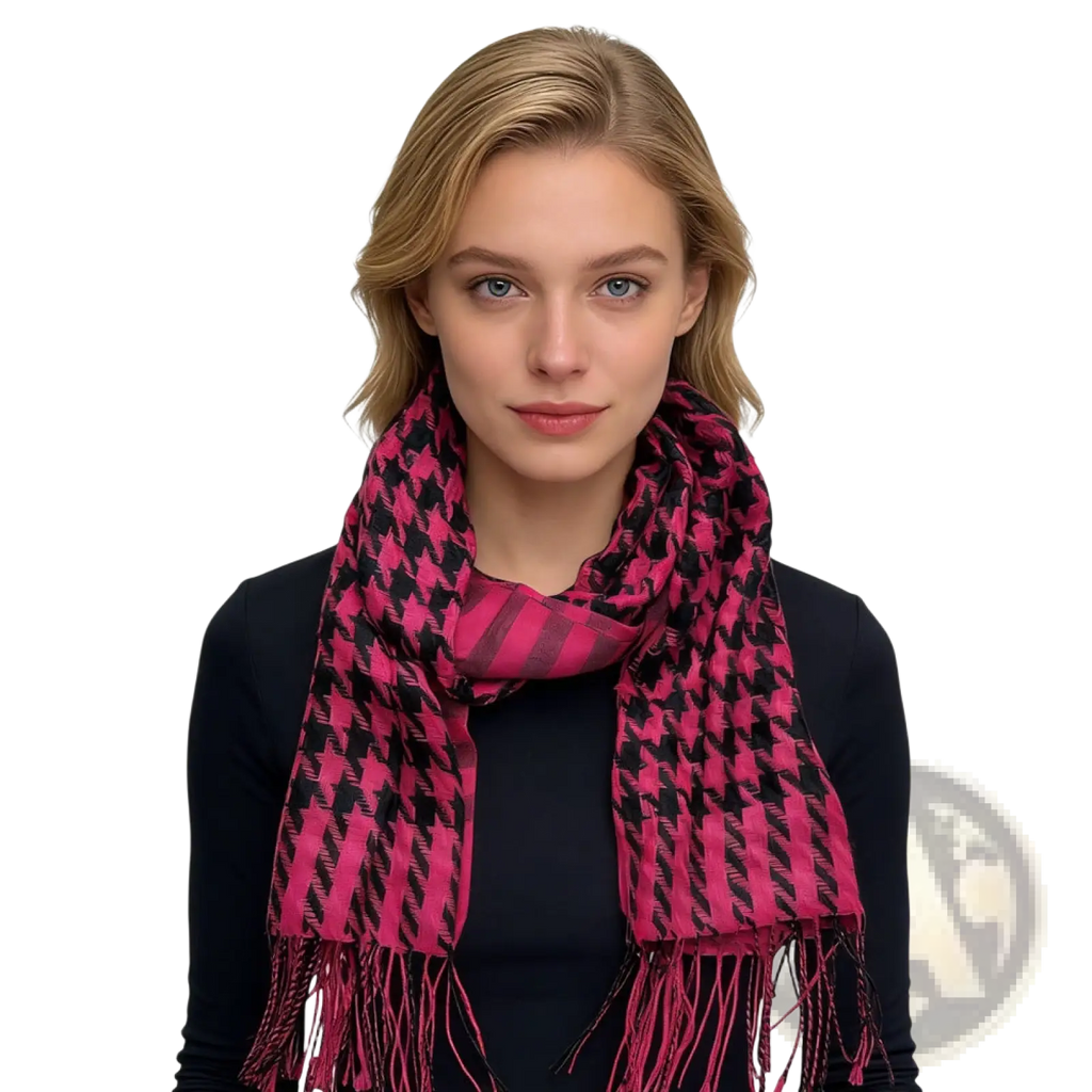 Pink black houndstooth jacquard winter scarf with vibrant pattern and fringed edges for cold weather use