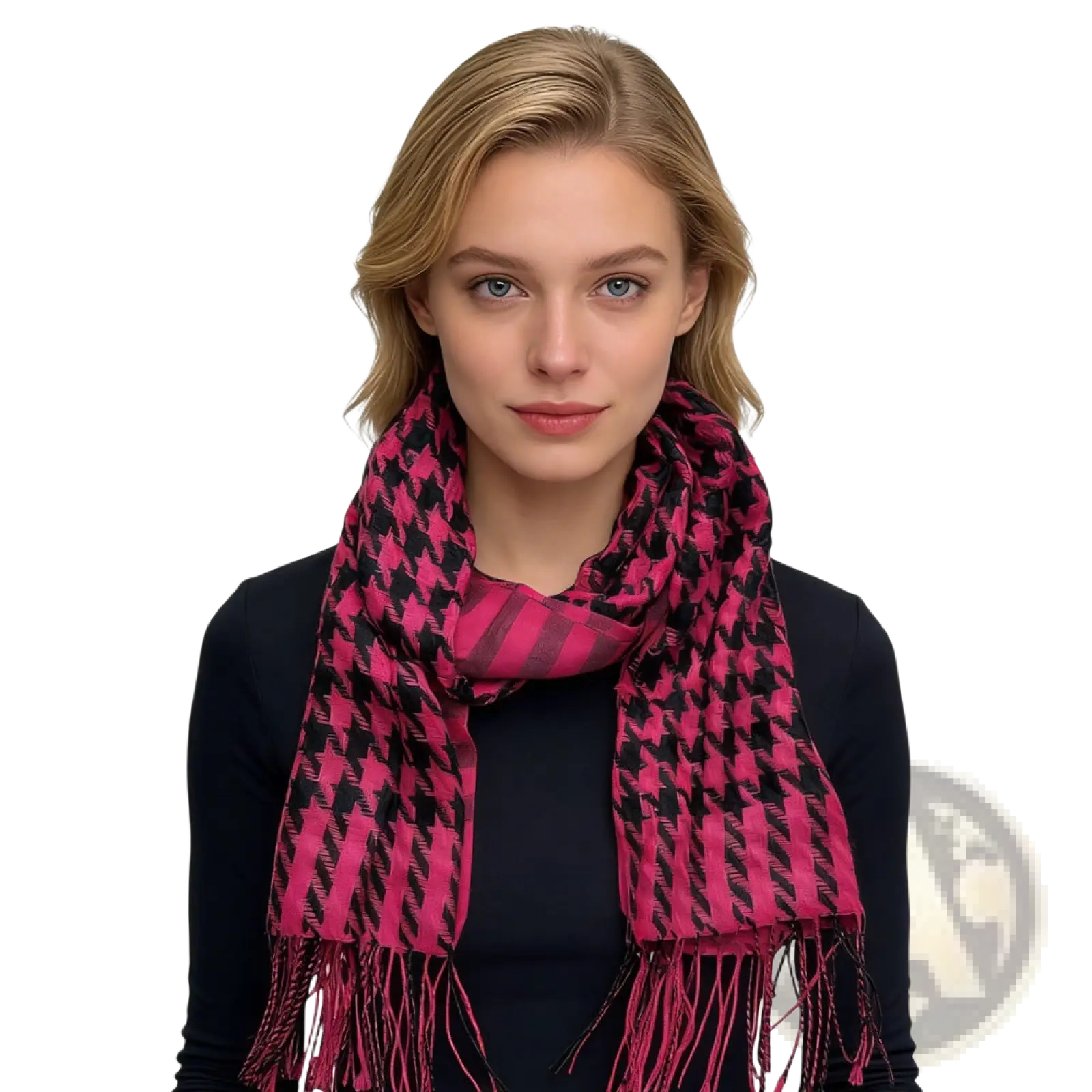 Pink black houndstooth jacquard winter scarf with vibrant pattern and fringed edges for cold weather use