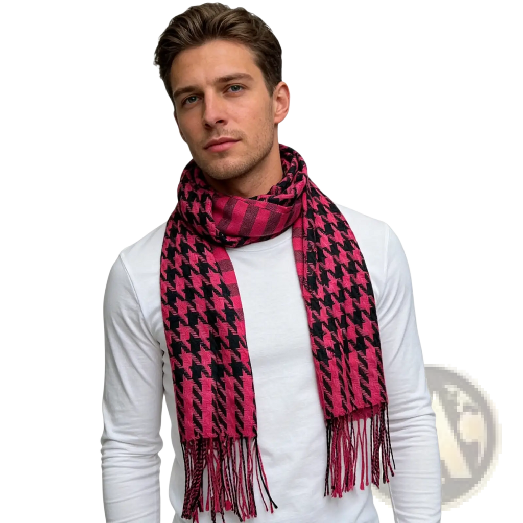 A pink and black houndstooth jacquard winter scarf with fringed ends made from soft fabric